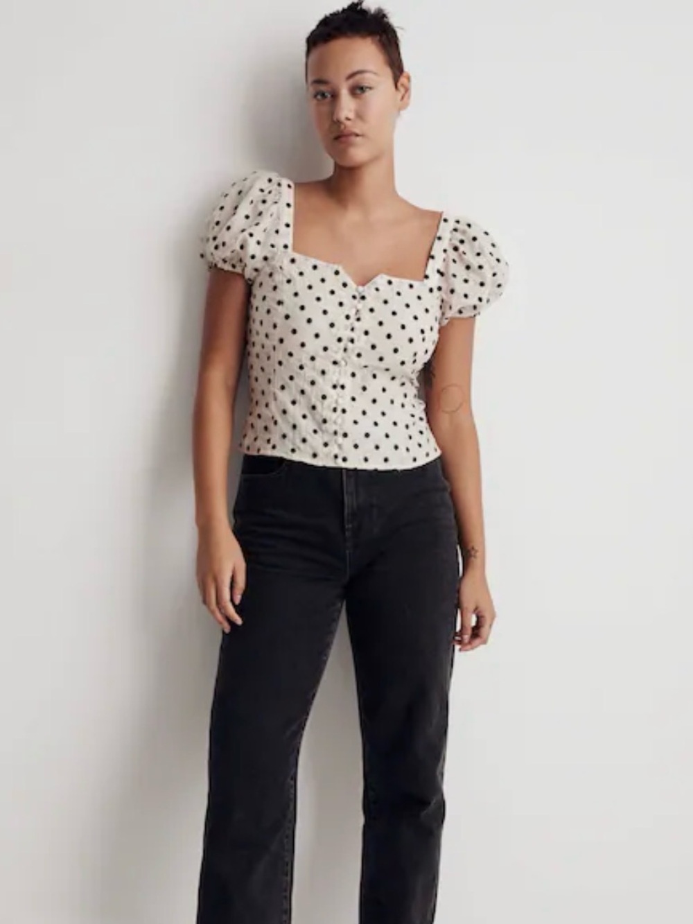 Madewell White Polka Dot Puff-Sleeve Button-Front Blouse